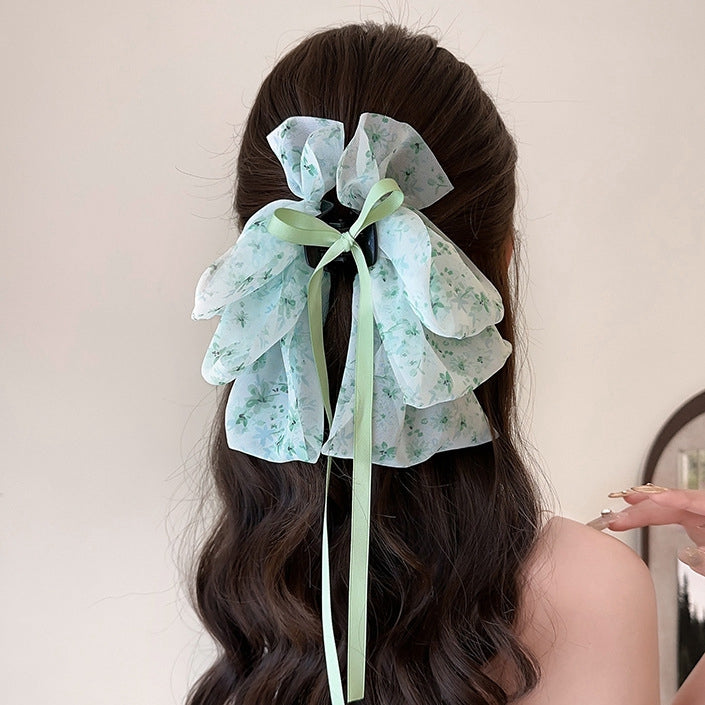 Floral Bow Ribbon Hairpin At The Back Of The Head