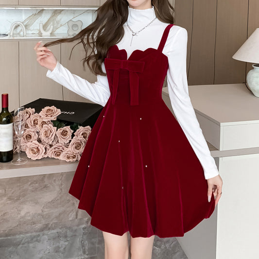 Bow Knot Velvet Christmas A-Line Suspender Dress