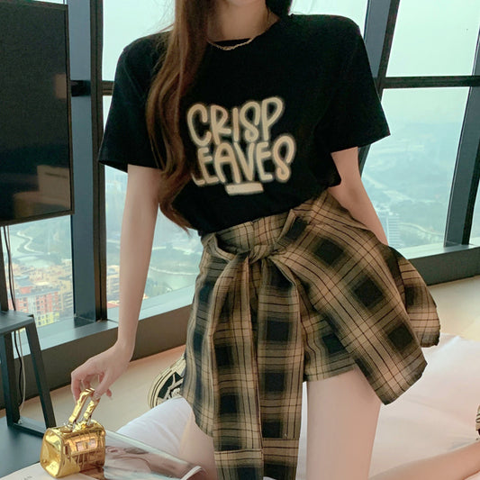 Letter Print T-Shirt Lace-Up Plaid Skirt Set