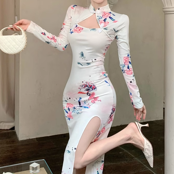 Hollow Slit Tight Flower Cheongsam Dress