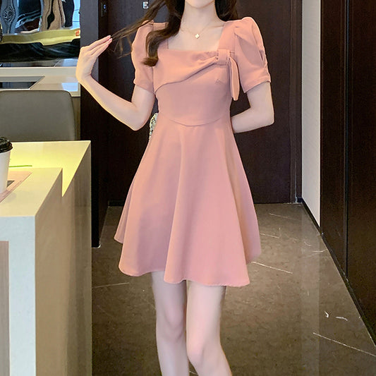 Square Neck Bow High Waist Short Sleeve Dress