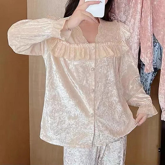 Palace Style Velvet Ruffle Home Pajamas Set