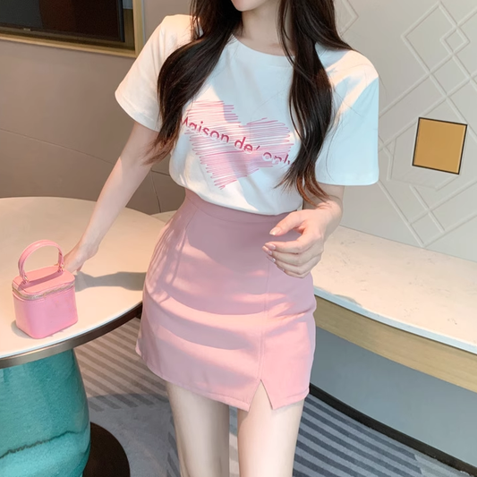 Short-Sleeved Printed T-Shirt Slit Slim Skirt Set