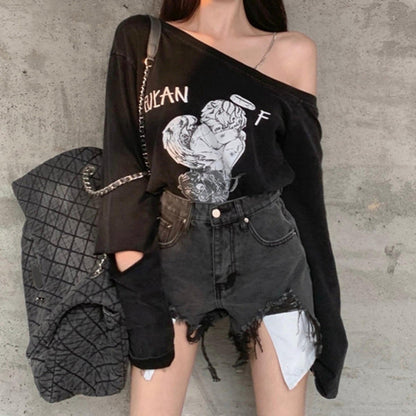 70% Slanted Collar Loose Off Shoulder Long Sleeve T-Shirt