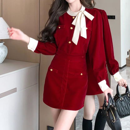 Velvet Bow Top Slim Fit Short Skirt Set