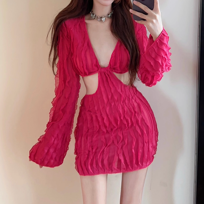 Hollow Waist Low-Cut Nightclub Rose Red Dress