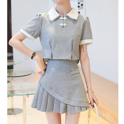 Back Bow Doll Collar Top Pleated Skirt Set