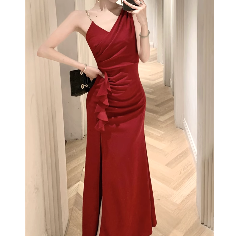 Asymmetrical Slit Slim Fit Prom Party Slip Dress