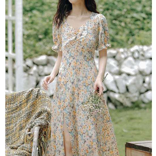 V-Neck Twisted Puff Sleeve Slit Waist Floral Dress