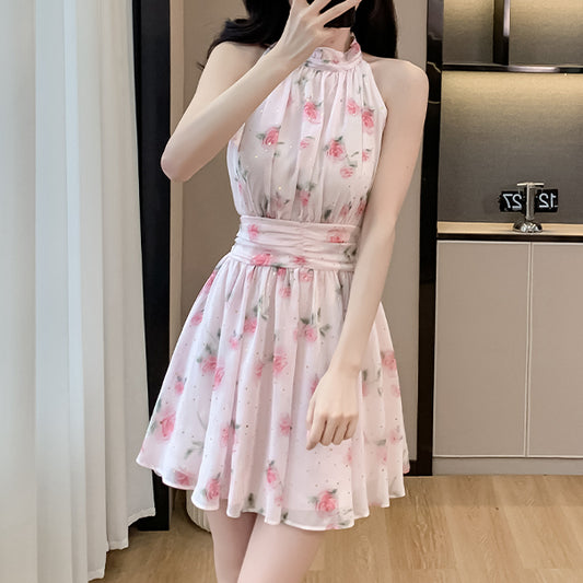 Sleeveless Waist Chiffon Pink Floral Dress