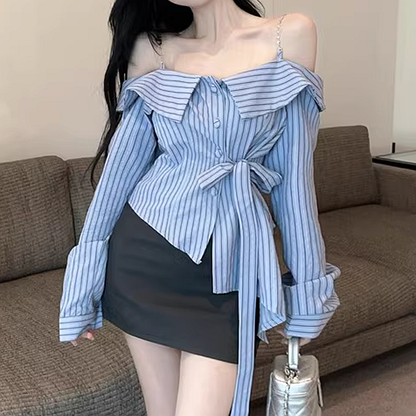 Striped Off-Shoulder Waist Tie Shirt Top