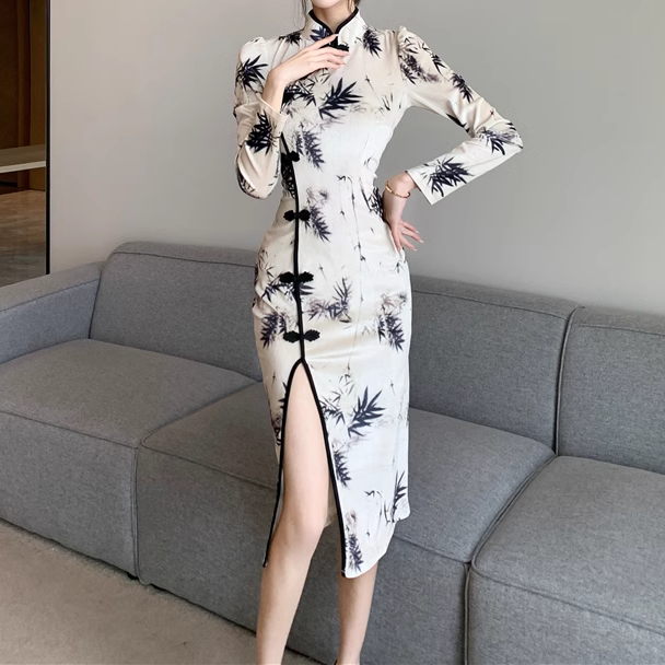 Bamboo Print Slit Slim Chinese Cheongsam Dress