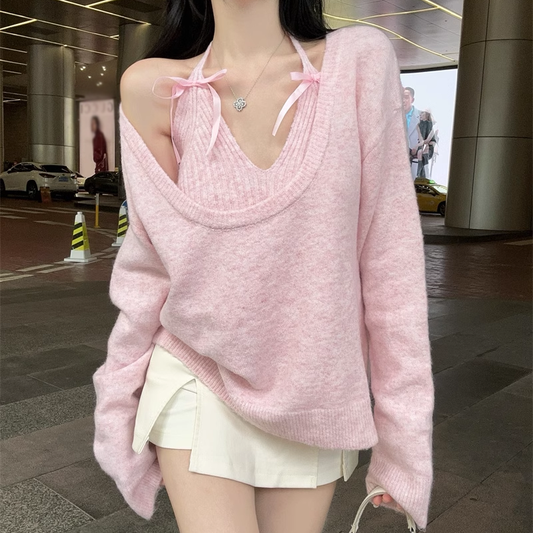 Hanging Neck Bow Camisole Loose Knitted Top