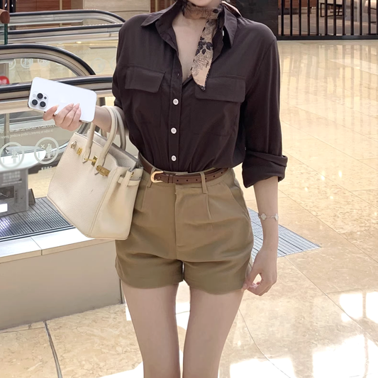 Button-Up Shirt Wide Leg Shorts Silk Scarf Belt Set