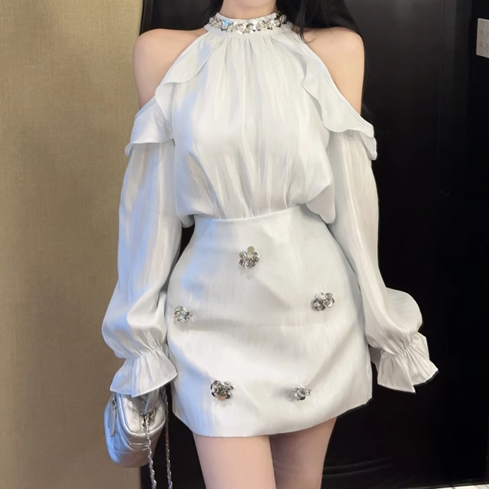 Off-Shoulder Long Sleeve Top High Waist Skirt Set