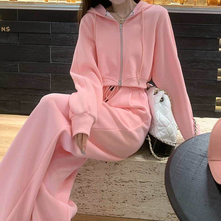 Short Zipper Hooded Long-Sleeved Sports Pink Set