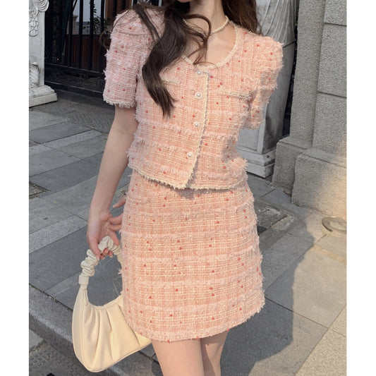 Short-Sleeved Jacket Top Tweed Skirt Elegant Set