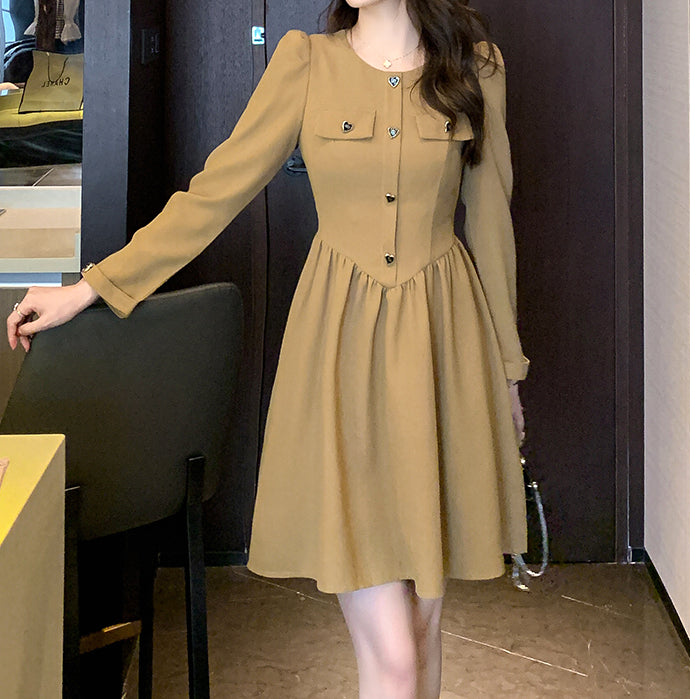 Long-Sleeved High-Waisted Slim Pocket Elegant Dress