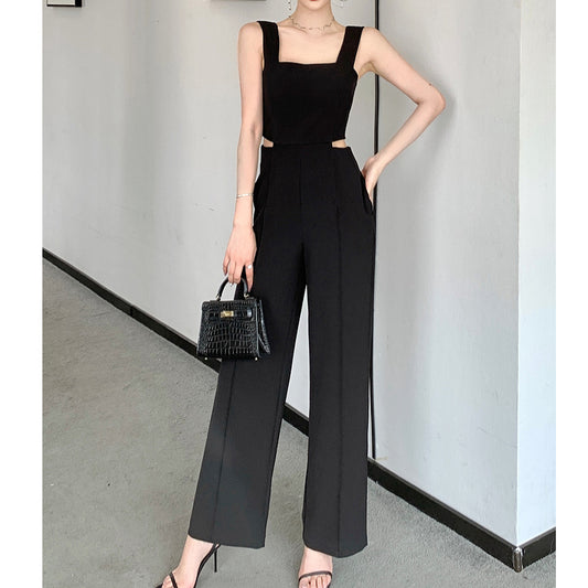 Hollow High-Waisted Wide-Leg Suspender Jumpsuit