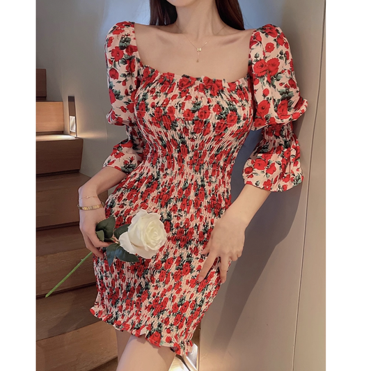 Square Neck Bubble Sleeve Bodycon Floral Dress