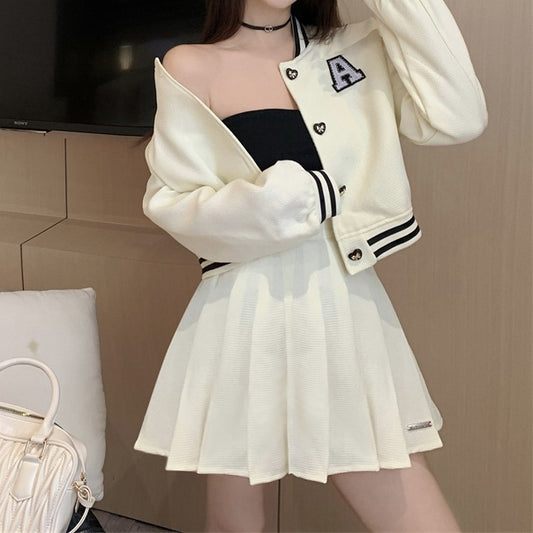 School Baseball Jacket High-Waisted Pleated Skirt Set