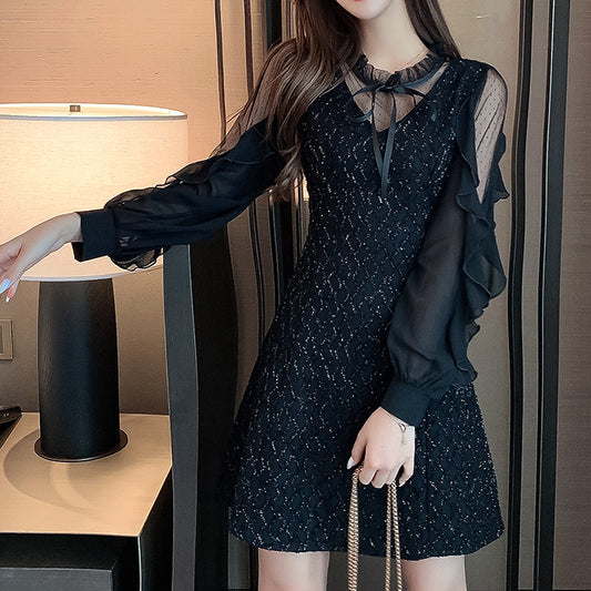 Lotus Leaf Long Sleeve Neck V Neck Dress