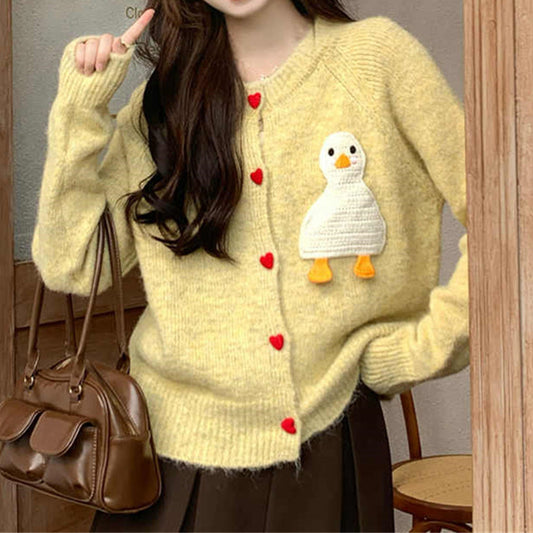 Heart Button Duck Round Neck Knitted Cardigan Sweater