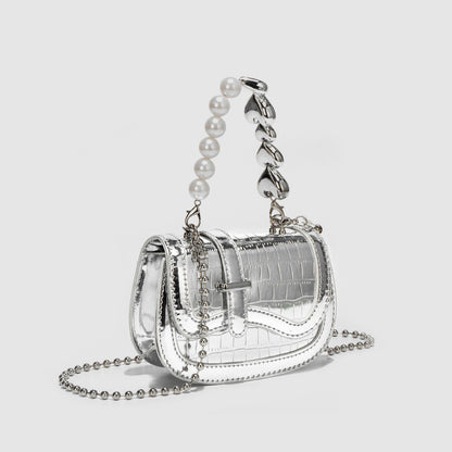 Pearl Chain Mini Silver Handbag Crossbody Bag