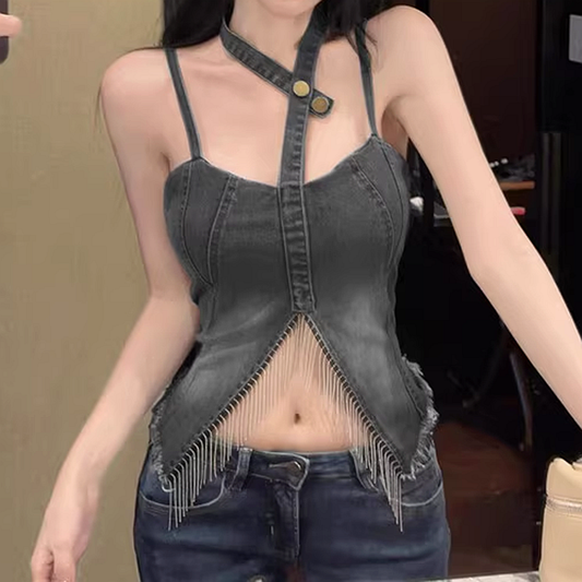 Fringed Irregular Navel-Baring Slim Denim Vest