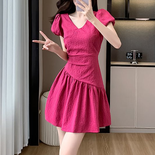 Solid Color V-Neck Puff Sleeve Pleated Dress