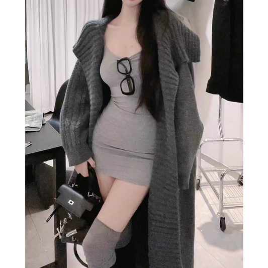 Tight Suspender Dress Knitted Cardigan Set