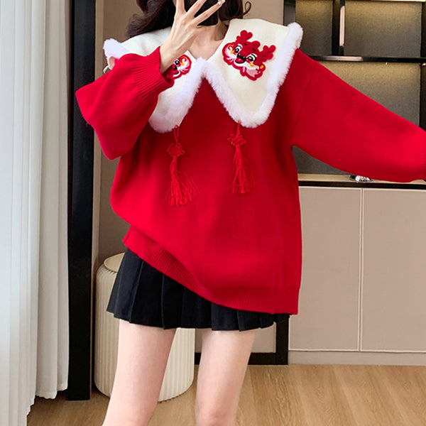 Fur Collar Tassel Loose New Year Christmas Sweater