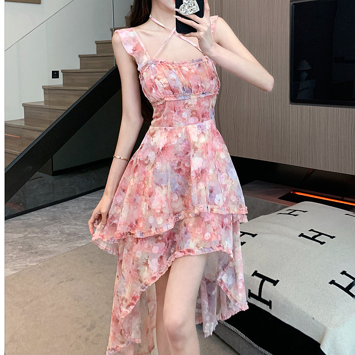 Square Neck Waist Irregular Floral Sling Dress