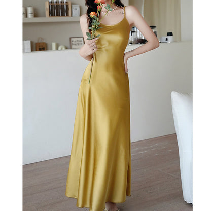 Satin High-Waist Solid Color A-Line Suspender Dress