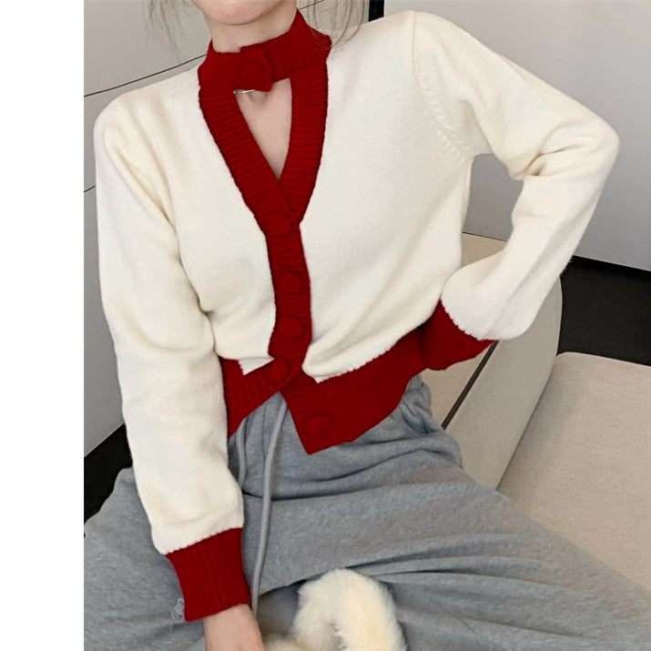 V-Neck Cutout Long Sleeve Christmas Knit Cardigan