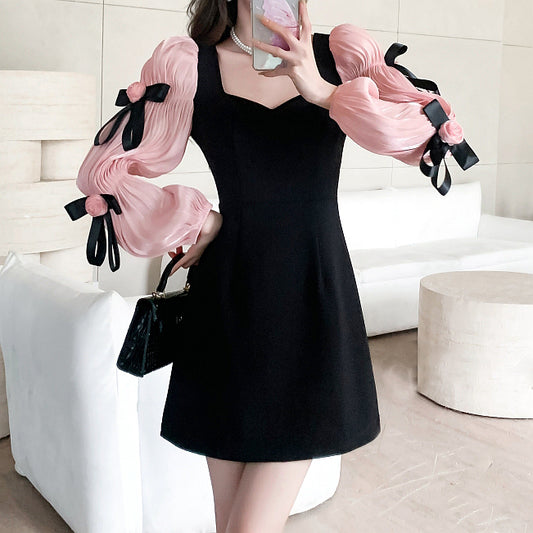 Flower Bow Long Sleeve Black Slim Dress