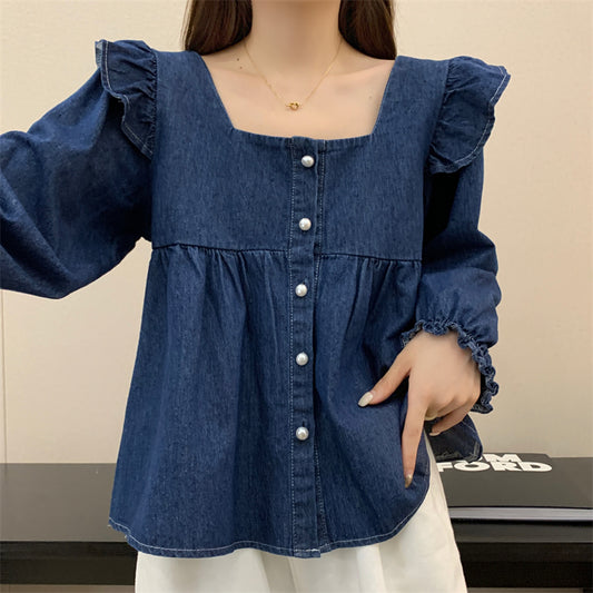 Square Neck Denim Ruffled Loose Top