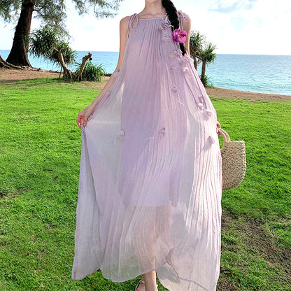 Pleated Petal Feather Seaside Holiday Purple Dress