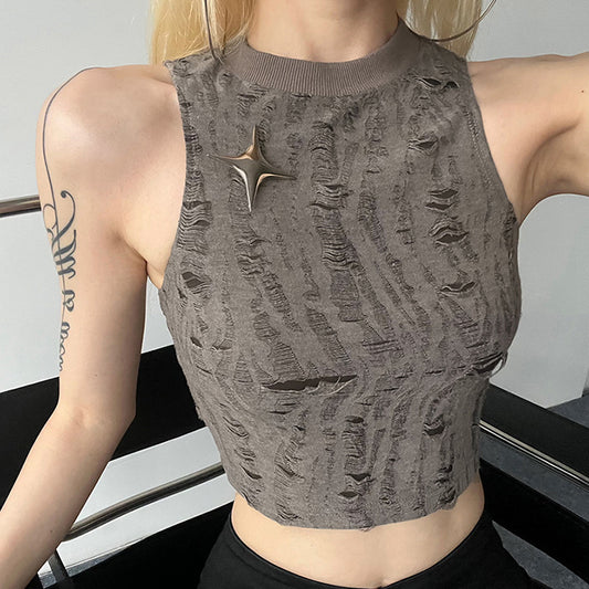 Sleeveless Scrub Crewneck Ripped Cropped Top