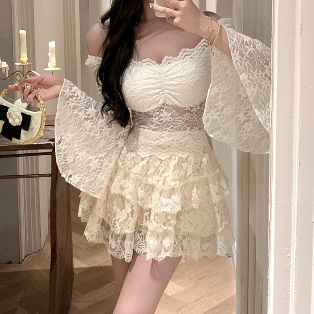 Waist-Cinching Sexy Lace Top And Puffy Skirt Set