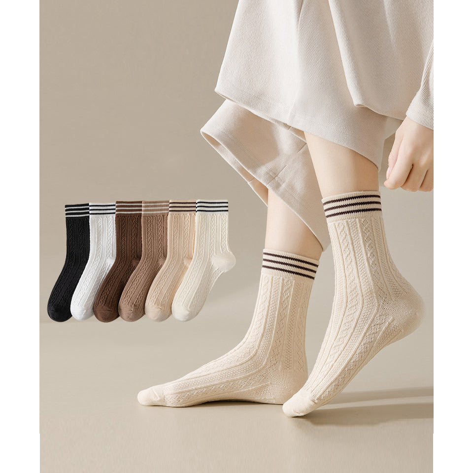 Striped Textured Mid-Calf Cotton Socks