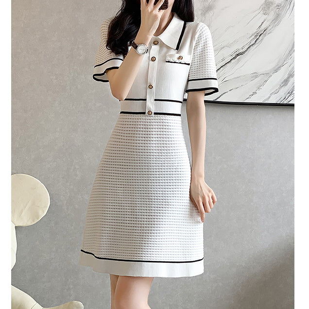 Short-Sleeved Button Elegant Ice Silk Knitted Dress