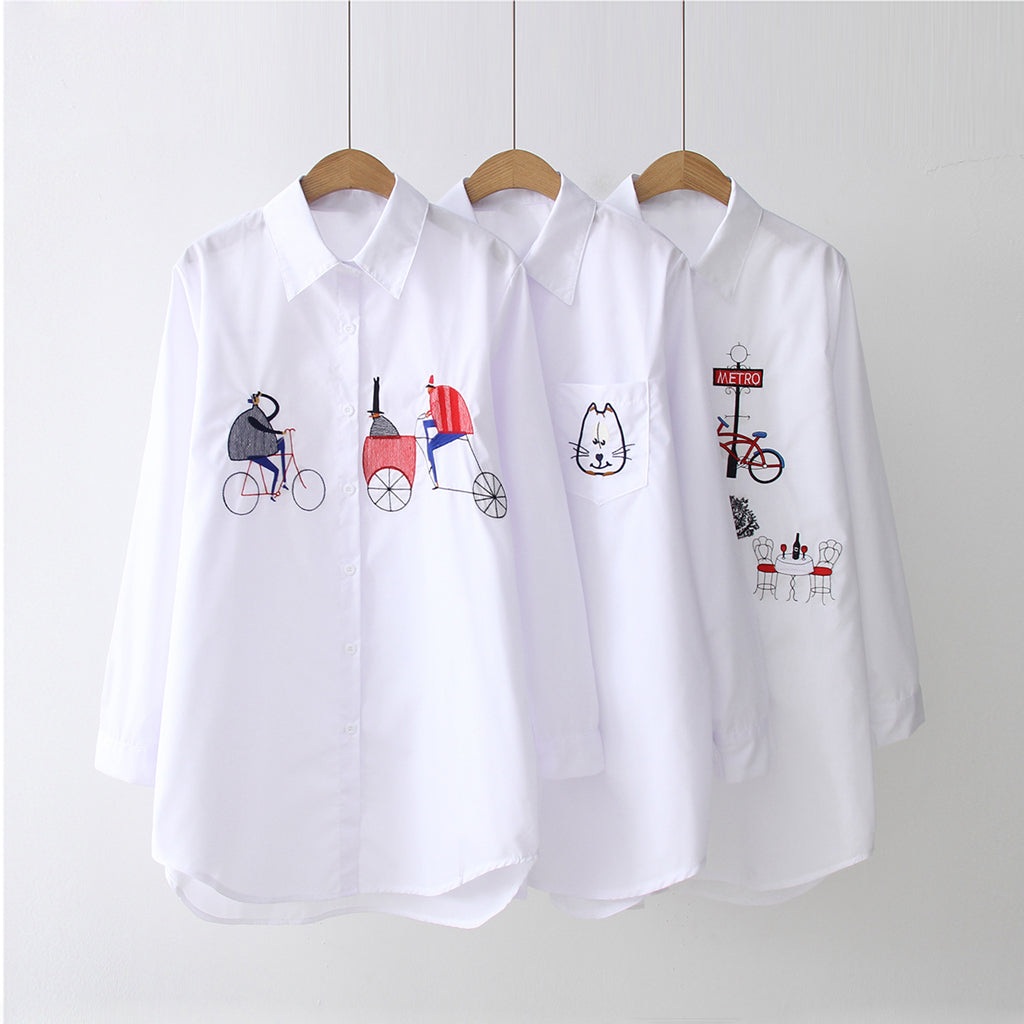 Embroidery Pattern Loose Casual White Shirt Top