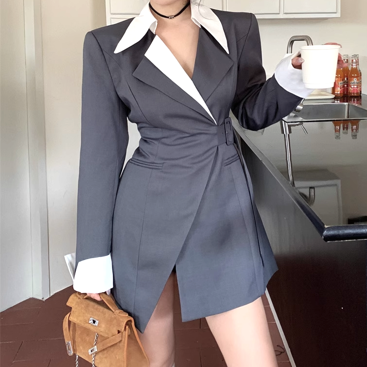 Long Sleeve Belted Waist Suit Dress