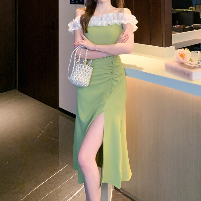 Off-Shoulder Fungus Collar Slit Long Dress