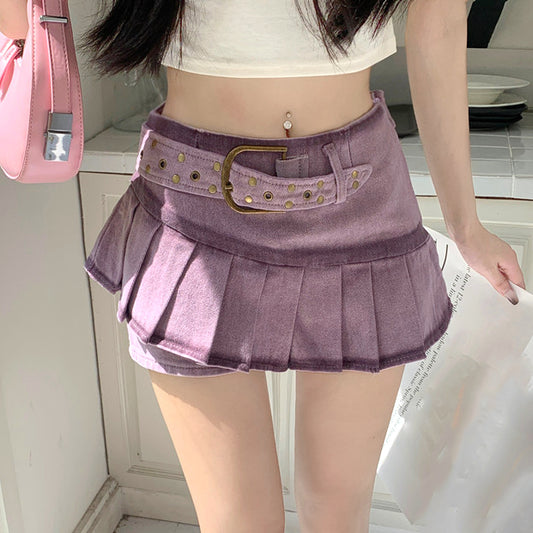 Vintage High Waist Belt Purple Denim Pleated Skirt