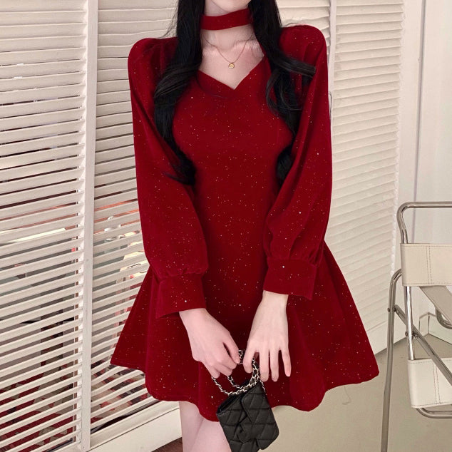 Velvet V-Neck Long-Sleeved Red Christmas Dress