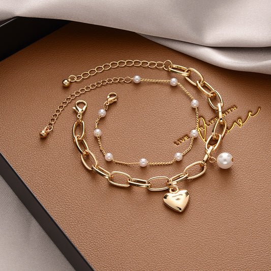 Double-Layer Love Pearl Alloy Bracelet