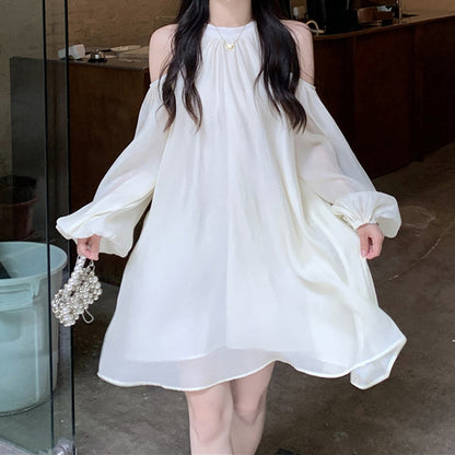 Off-Shoulder Long-Sleeved Sweet Loose A-Line Dress