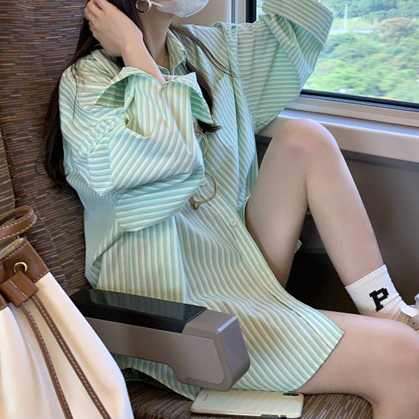 Green Striped Long-Sleeved Loose Casual Shirt